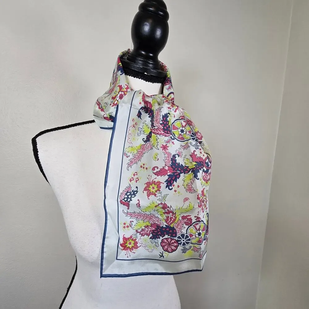 Vintage 80s June Critchfield Silk Rectangle Scarf Floral Navy Pink DAR Museum